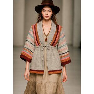 Vtg Y2k Free People Cardigan Sweater S Stripe Pink Red Turquoise Kimono Open